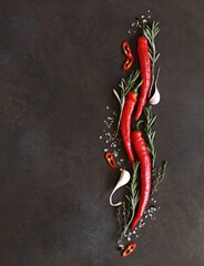 Red hot chili pepper with herbs and spices on dark background. Flat layot. Selective vocus