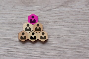 Organizational chart, leadership concept. Top view image of wooden hexagon with employee icon. Copy space for text. - obrazy, fototapety, plakaty