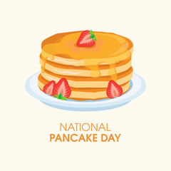 National Pancake Day vector. Fresh pancakes with strawberries and syrup icon vector. Pile of pancakes on a plate icon. Important day