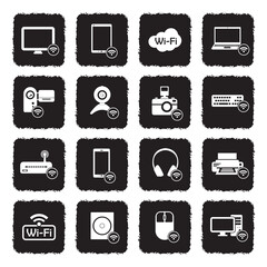 Device Connection Icons. Grunge Black Flat Design. Vector Illustration.