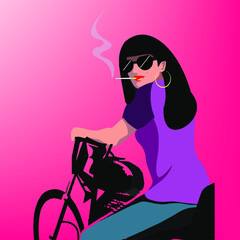 Illustration. a girl on a motorcycle with black hair smokes. In a purple t-shirt and black glasses on a pink background