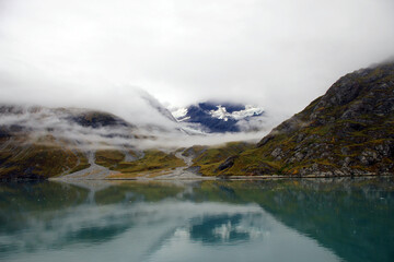 Mountain Peak, Fog, and Green Water in Glacier Bay National Park