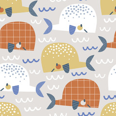 Fototapeta premium Happy Whale in the waves vector seamless pattern. Cute ocean creatures background. Scandinavian decorative sea abstract childish surface design for nautical nursery and navy kids fabric.