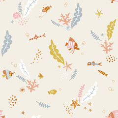 Fish Seaweed Coral Shell in the ocean vector seamless pattern. Whimsy underwater world background. Scandinavian decorative childish design for nautical nursery, navy kids fabric.