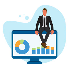 Business picture. Man and computer with charts. Vector illustration. Poster, flyer, banner, postcard.