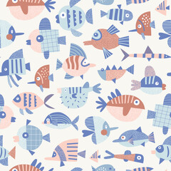 Naklejka premium Ocean fancy fish vector seamless pattern. Under the sea life background. Scandinavian decorative childish surface design for nautical nursery and navy kids fabric.