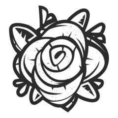 Black and white vintage outline of blossoming rose with leaves. Design for tattoo, sticker, badge. Vector illustration