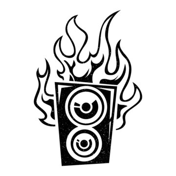 Black and white powerful speaker. Sound amplifier in flame. Design of music icons, symbols. Logo for posters, covers