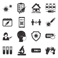 COVID 19 Icons. Black Scribble Design. Vector Illustration.