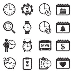 Time and Date Icons. Black Scribble Design. Vector Illustration.
