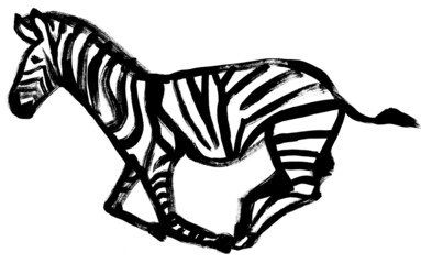 Fototapeta na wymiar drawing of a running zebra drawn in black gouache isolated on a white background for posters and interior decoration, as well as prints for clothes and stationery