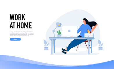 Landing page template with bearded woman sitting at desk with laptop computer. Concept of building home office.