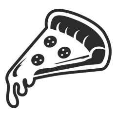 Black and white silhouette of slice of pizza with pepperoni and cheese. Design for restaurant menu, cafe, flyer, sticker