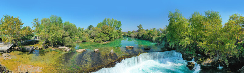 Manavgat waterfall. Manavgat river. Attractions around Side. Manavgat. Turkey. Antalya. View from above. aerial photography