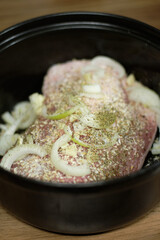 meat in pot for dinner, home cooking