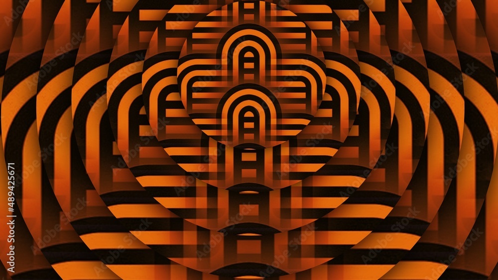 Poster copper gold coloured concentric circular 3d shapes on a black background making diverse patterns and