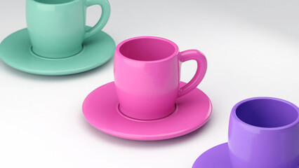 Three colorful coffee cups studio shot, 3d illustration