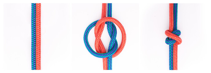 True lovers knot. Step by step studio shot of how to tie a knot isolated on white.