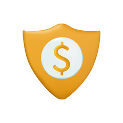 Gold shield with dollar sign. Money safety , insurance, business and finance concept. 3d vector icon. Cartoon minimal.