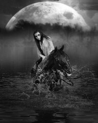 Art photo of a woman in white clothes on a black mare in the water in black and white format