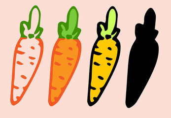 orange carrot icon. a set of options for a small yellow carrot, drawn in the style of a doodle with green tops on white, a black silhouette and a colored outline