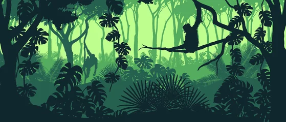 Foto op Aluminium Prachtig vectorlandschap van een regenwoudjungle met orang-oetanapen en weelderig gebladerte in groene kleuren. © Jan