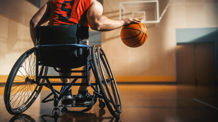 Wheelchair Basketball Player Wearing Red Shirt Dribbling Ball Like a Professional. Determination, Motivation of a Person with Disability Excelling at Team Sport. Anonymous, Back View Shot