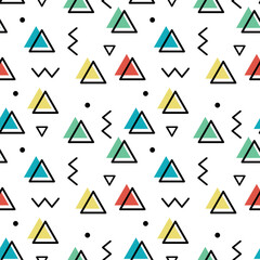 Memphis wallpaper with abstract shapes - triangles, zigzag lines, dots. Seamless pattern. Vector illustration.