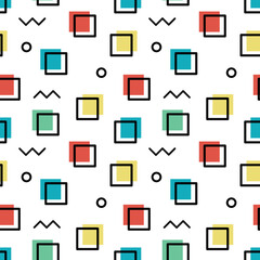 Memphis wallpaper with abstract shapes - square, dots, zigzag. Seamless pattern. Vector illustration.