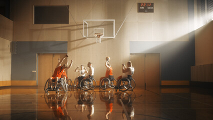 Wheelchair Basketball Game: Professional Players Competing, Dribbling Ball, Passing, Shooting it Successfully, Scoring a Goal. Celebration of Determination, Skill, Speed of People with Disability