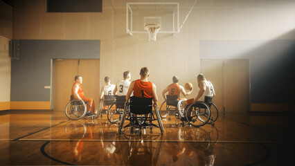 Wheelchair Basketball Game: Professional Players Competing, Dribbling Ball, Passing, Shooting it...