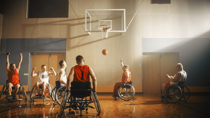 Wheelchair Basketball Game: Professional Players Competing, Dribbling Ball, Passing, Shooting it Successfully, Scoring a Goal. Celebration of Determination, Skill, Speed of People with Disability