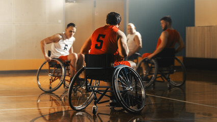 Wheelchair Basketball Game Court: Players Competing, Dribbling, Shooting it Successfully, Score Goal Points. Determination, Skill of People with Disability. Energetic Fast Game