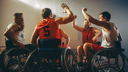 Wheelchair Basketball Game Court Winning Team Celebrate Victory, Cheer and High Five. Players Compete, Shoot, Score Goal Points. Determination, Skill of People with Disability. 