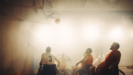 Wheelchair Basketball Game: Professional Players Competing, Passing, Shooting Ball Successfully, Score a Perfect Goal. Determination and Skill of a People with Disability.