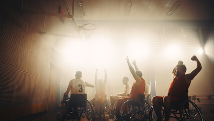 Wheelchair Basketball Game: Professional Players Competing, Shooting Ball Successfully, Score a...