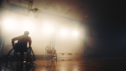 Wheelchair Basketball Game: Professional Players Competing, Passing, Shooting Ball Successfully,...