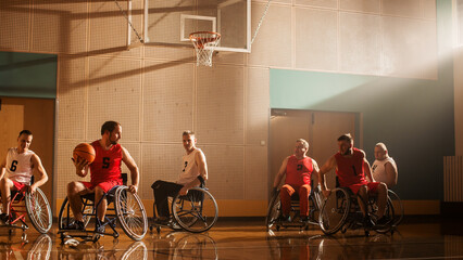 Wheelchair Basketball Game Court: Players Competing, Dribbling, Shooting it Successfully to Score Goal Points. Determination, Skill of People with Disability. Energetic Wide Shot