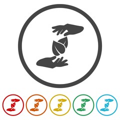 Leaf between hands sign ring icon, color set