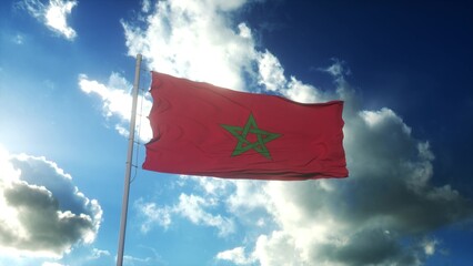 Flag of Morocco waving at wind against beautiful blue sky. 3d rendering