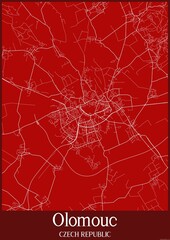 Red map of Olomouc Czech Republic.