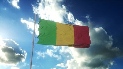 Flag of Mali waving at wind against beautiful blue sky. 3d rendering