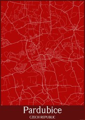 Red map of Pardubice Czech Republic.