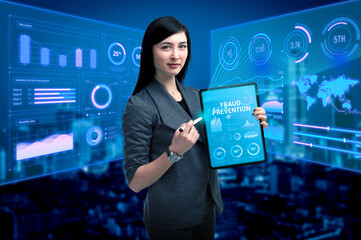 Business, Technology, Internet and network concept. Young businessman working on a virtual screen of the future and sees the inscription: Fraud prevention