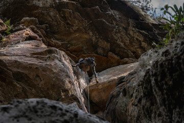 Fototapeta na wymiar Rock Climber climbing the route Para mis amigos in Suesca Colombia