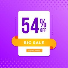 54% OFF Sale. Discount price. Marketing Announcement. Discount promotion. Special offer with 54% discount. White emblem on a blue background.