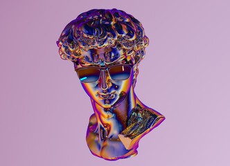 3D illustration of a holographic sculpture of a bust in glasses. Futuristic vaporwave style image.