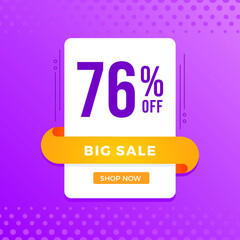 76% OFF Sale. Discount price. Marketing Announcement. Discount promotion. Special offer with 76% discount. White emblem on a blue background.