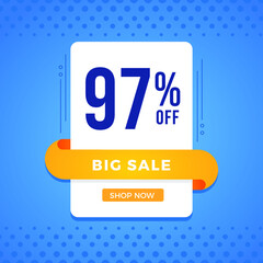 97% OFF Sale. Discount price. Marketing Announcement. Discount promotion. Special offer with 97% discount. White emblem on a blue background.