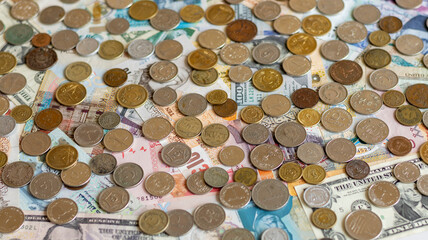 Coins from different countries money currency background